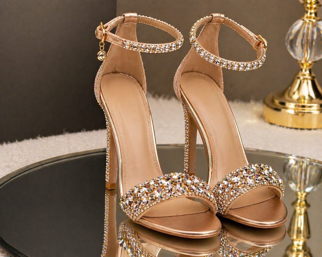 Rhinestone Strap Stiletto Heels (Rose Gold Nude)