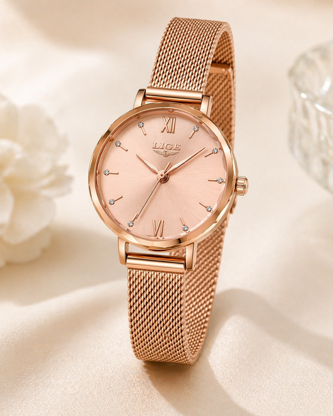 LIGE Rose Gold Mesh Ladies Watch