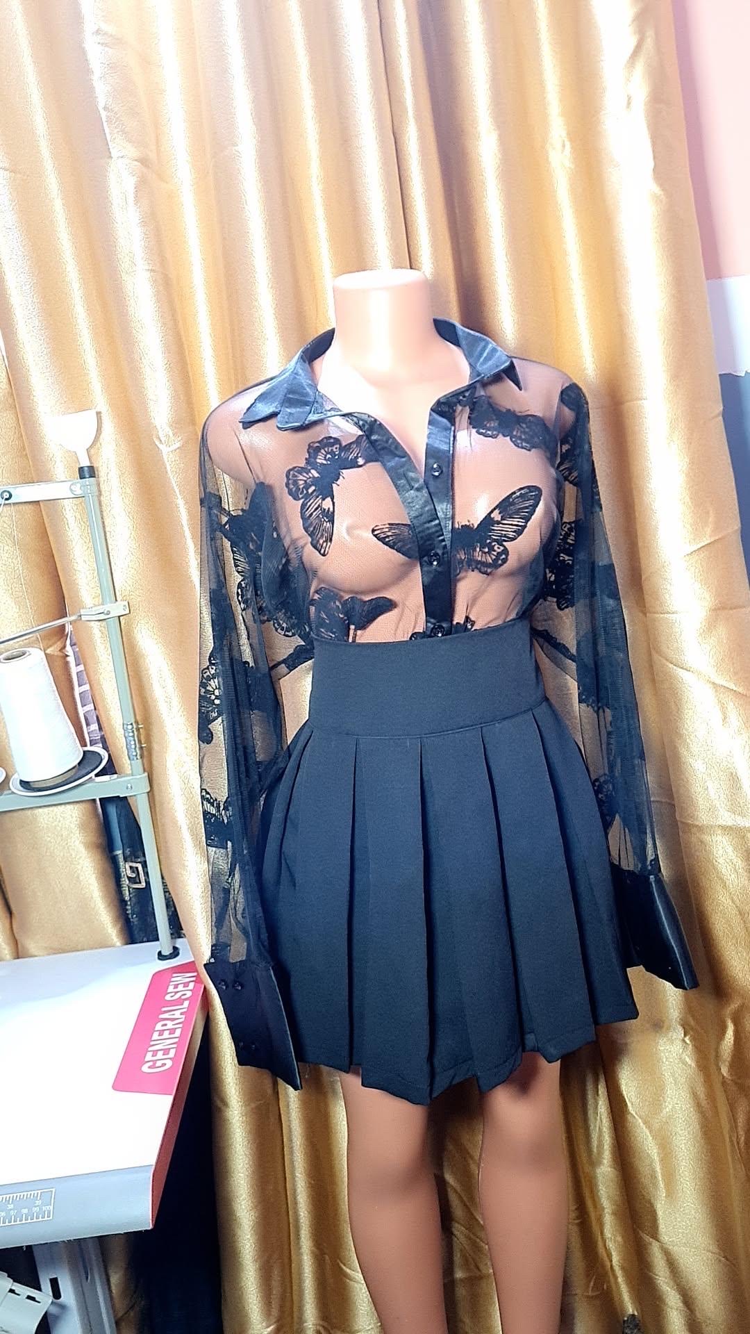 Sheer lace top and pleated skirt 